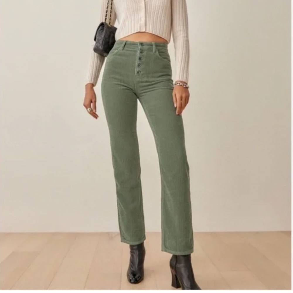 Reformation Olive Green High-Rise Straight Leg Corduroy Pants